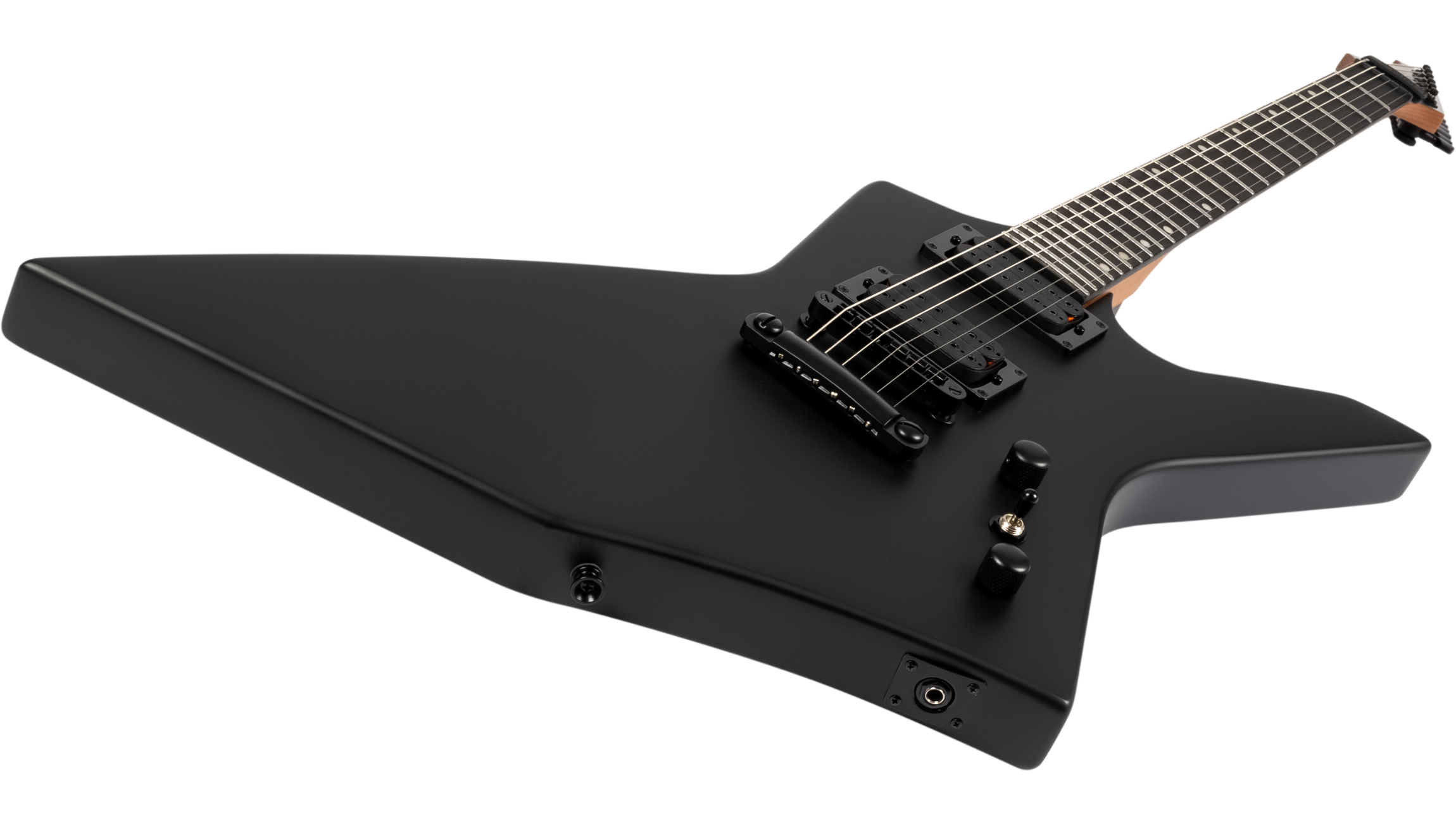 Matte black electric guitar with a sharp, angular body, two humbucker pickups, black hardware, and three control knobs.