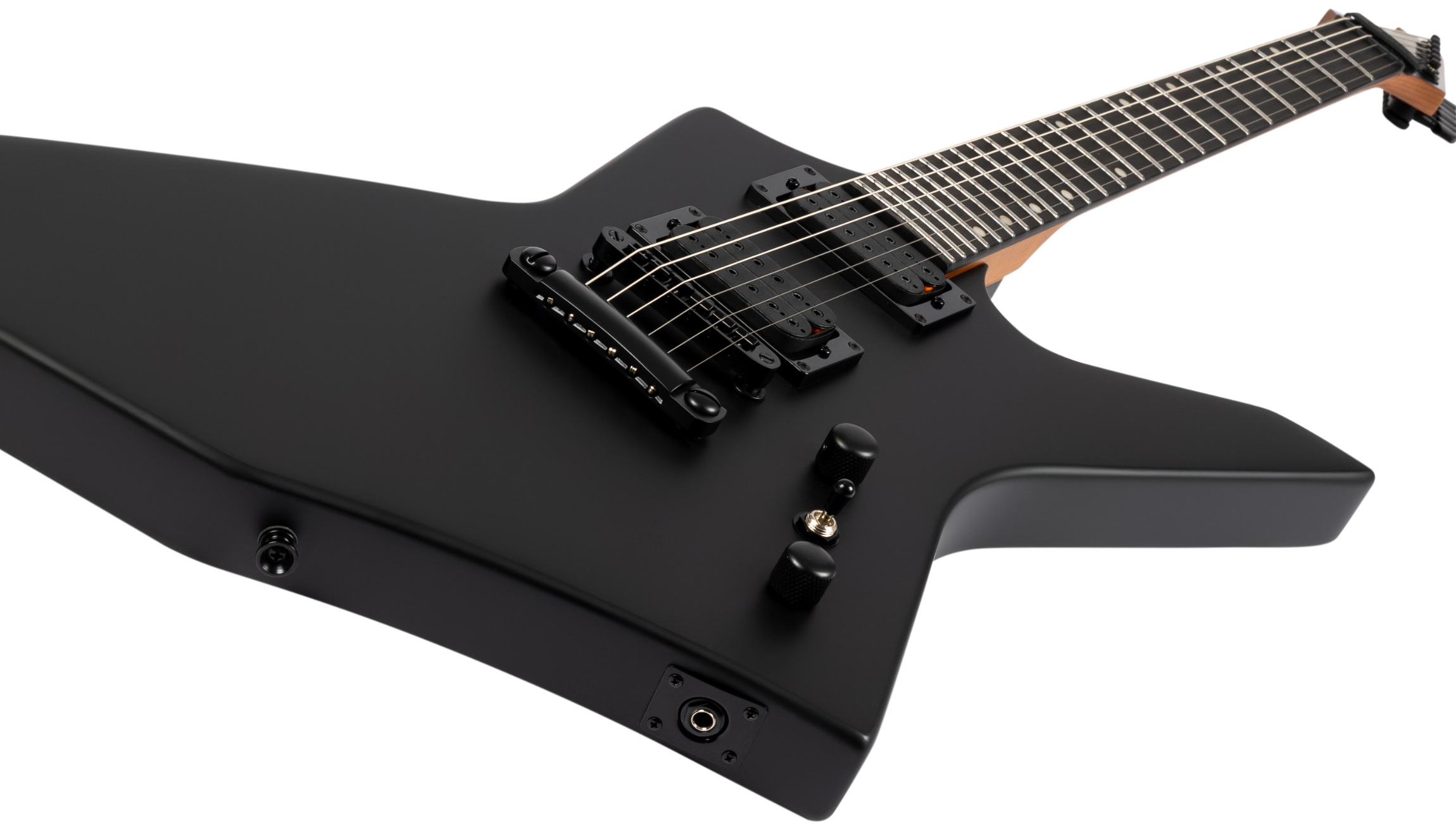 Matte black electric guitar with an angular, edgy body shape, six strings, two black humbucker pickups, and black control knobs.