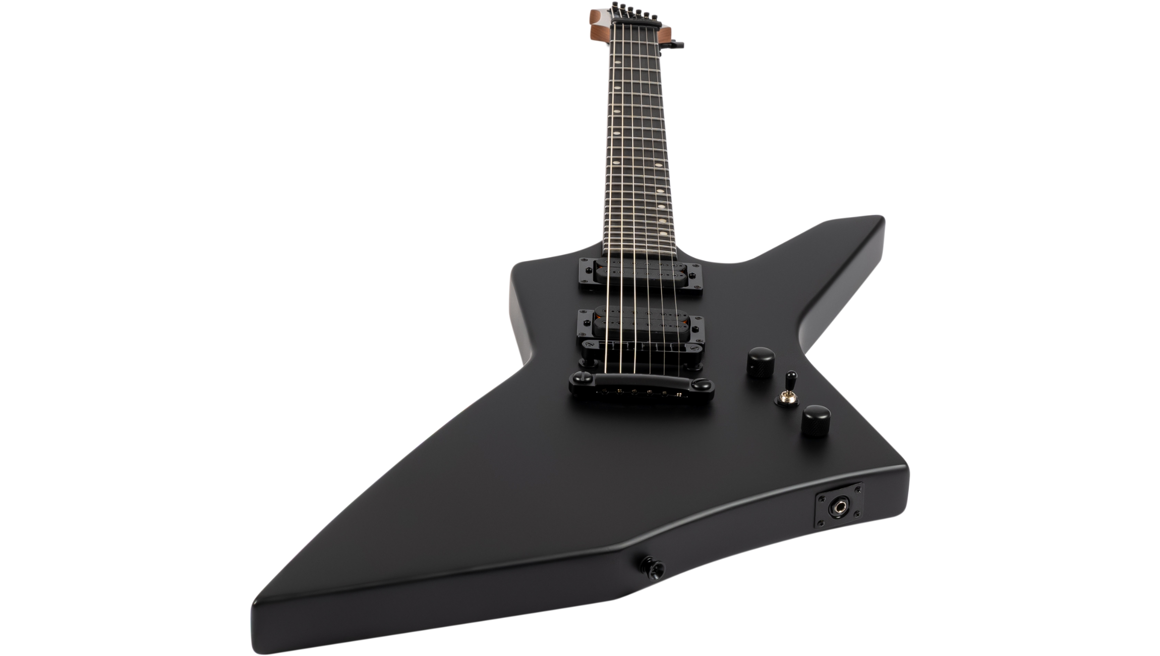 Matte black electric guitar with a sharp, angular body shape, two humbucker pickups, three control knobs, and a 6-string neck.
