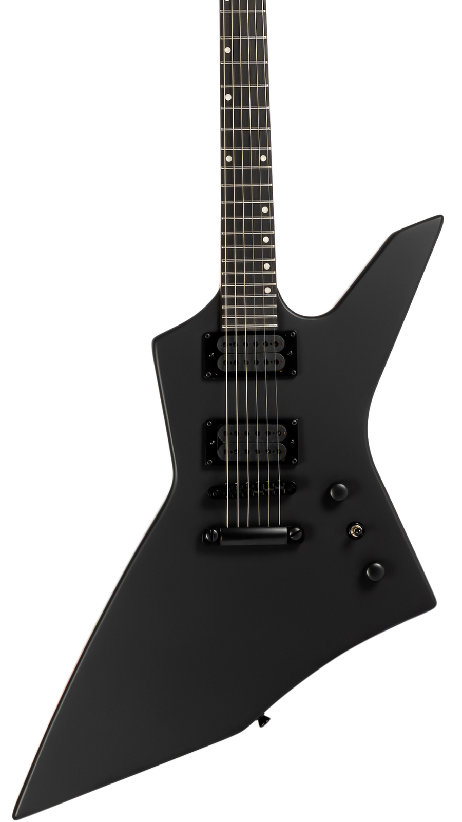Matte black electric guitar with a sharply angled, asymmetrical body, two humbucker pickups, six strings, and dot inlays on a dark fingerboard.