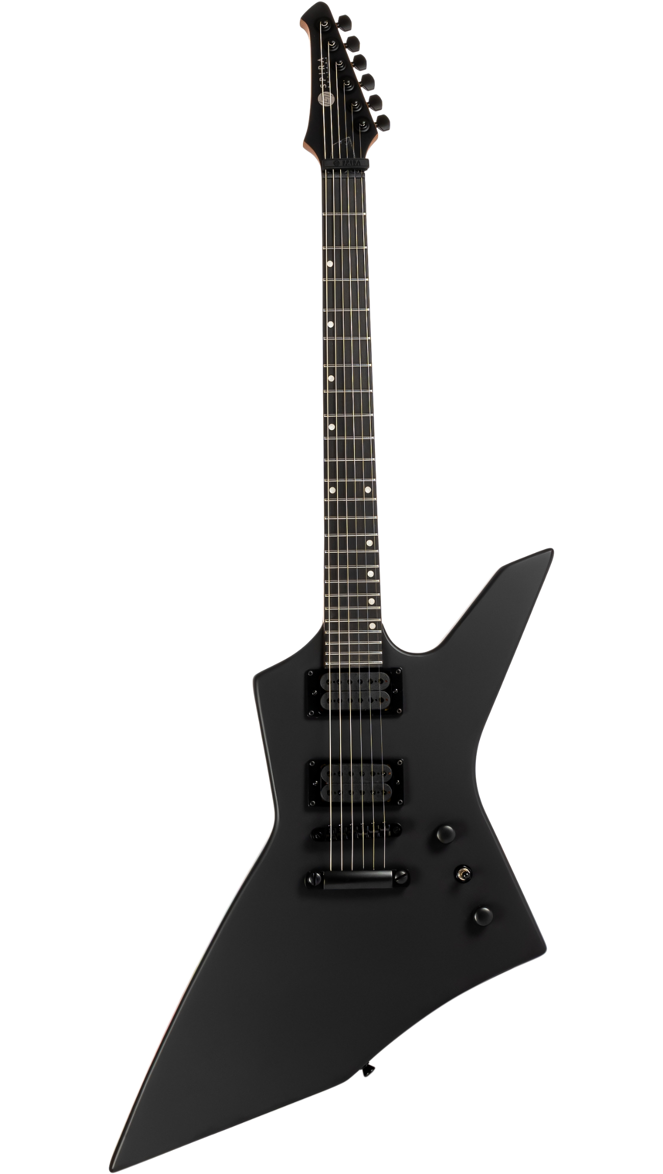 Matte black electric guitar with an angular, asymmetric body, two humbucker pickups, three control knobs, and a pointed headstock.