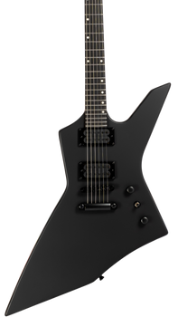 Matte black electric guitar with a sharply angled, asymmetrical body, two humbucker pickups, six strings, and dot inlays on a dark fingerboard.