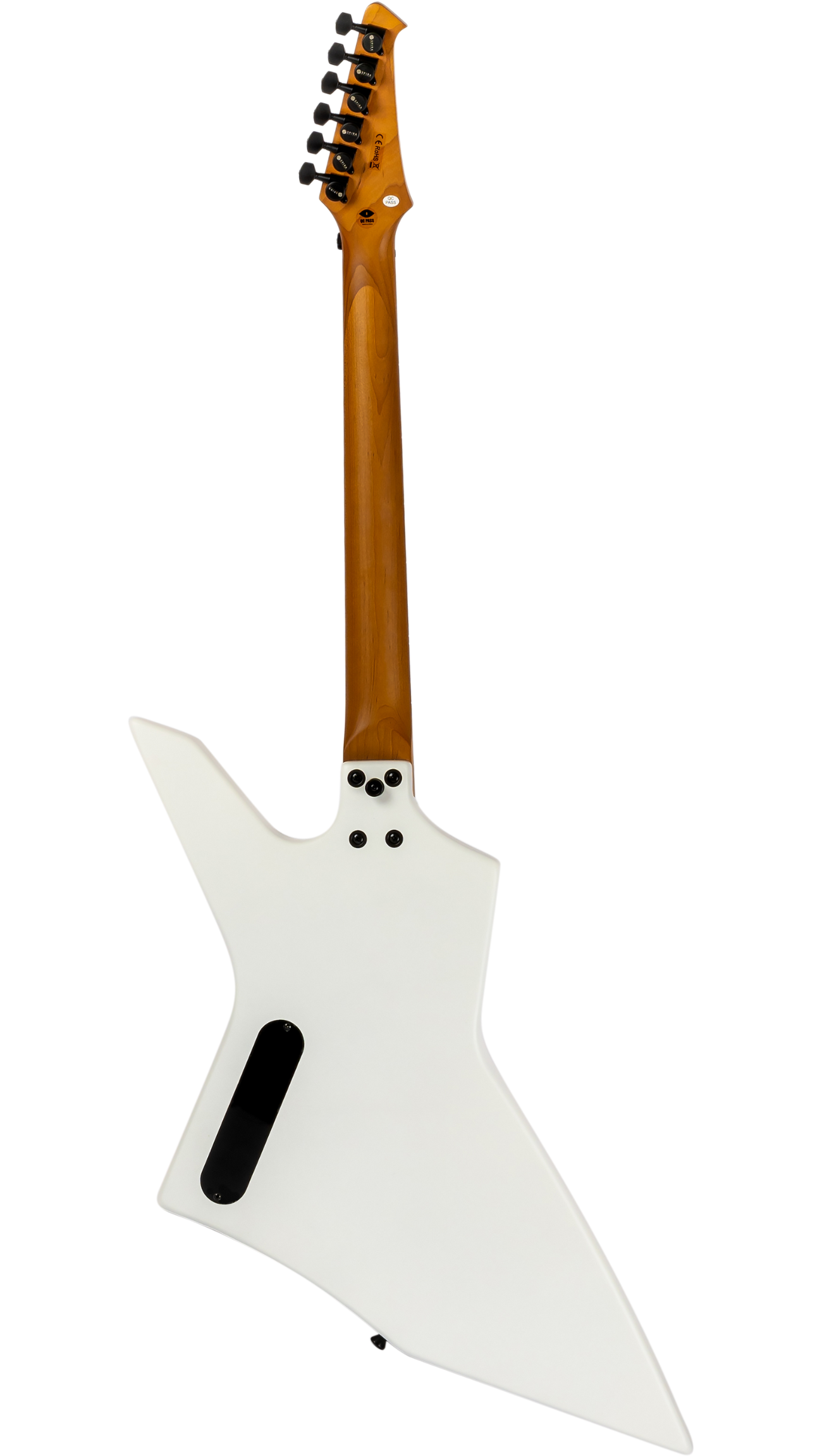 White electric guitar with a sharp, angular body, a natural wood neck, and black tuning pegs, viewed from the back.