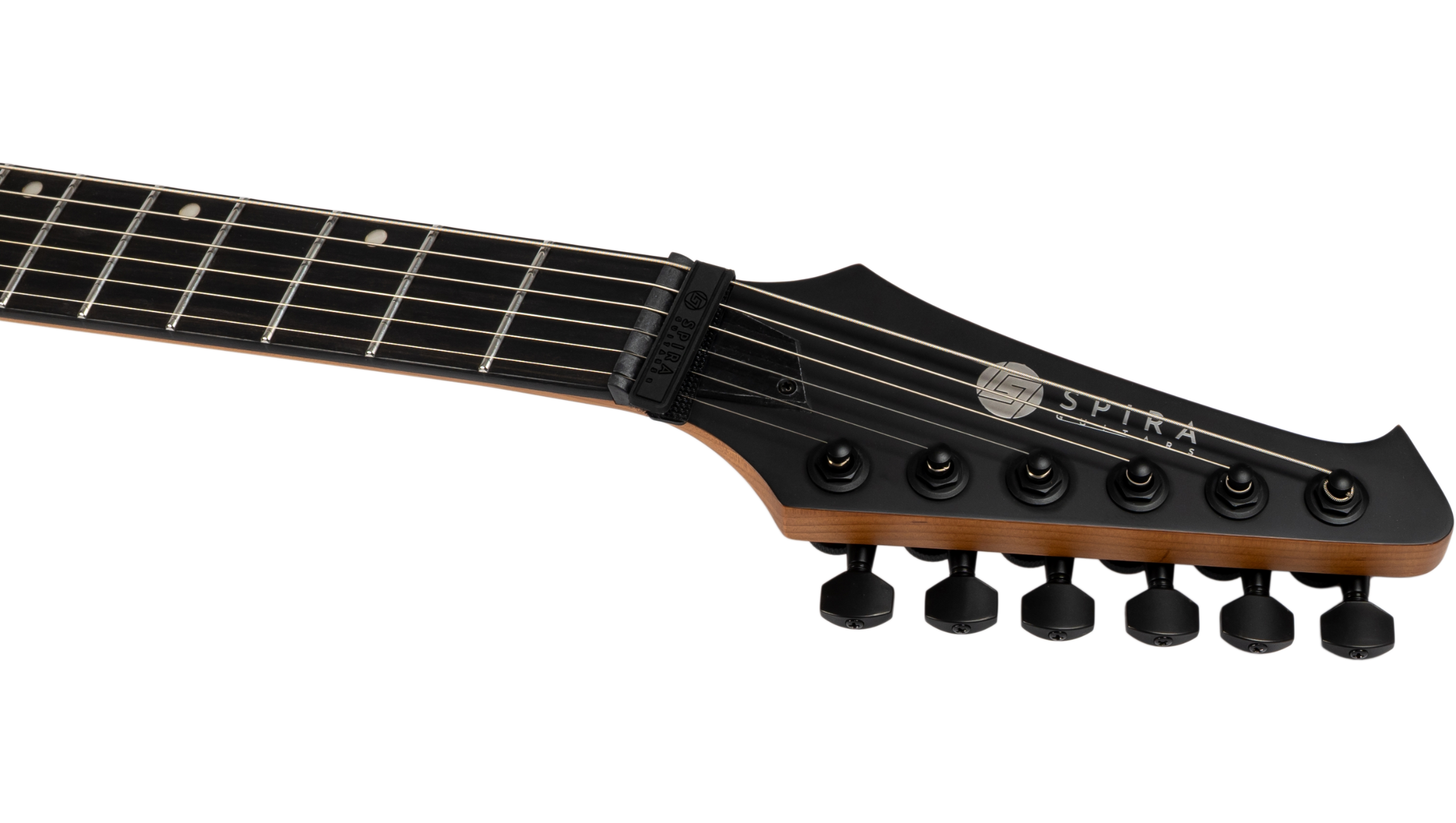 Black electric guitar headstock with six tuning pegs, SPIRA Guitars logo, and a black capo on the first fret of the neck.