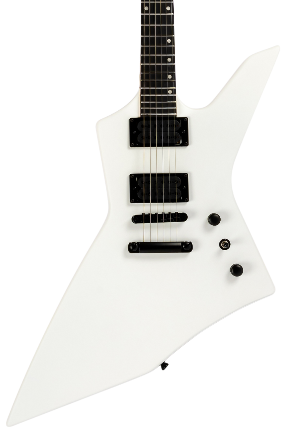 White electric guitar with an angular, asymmetrical body, two black humbucker pickups, three black control knobs, and a black bridge.