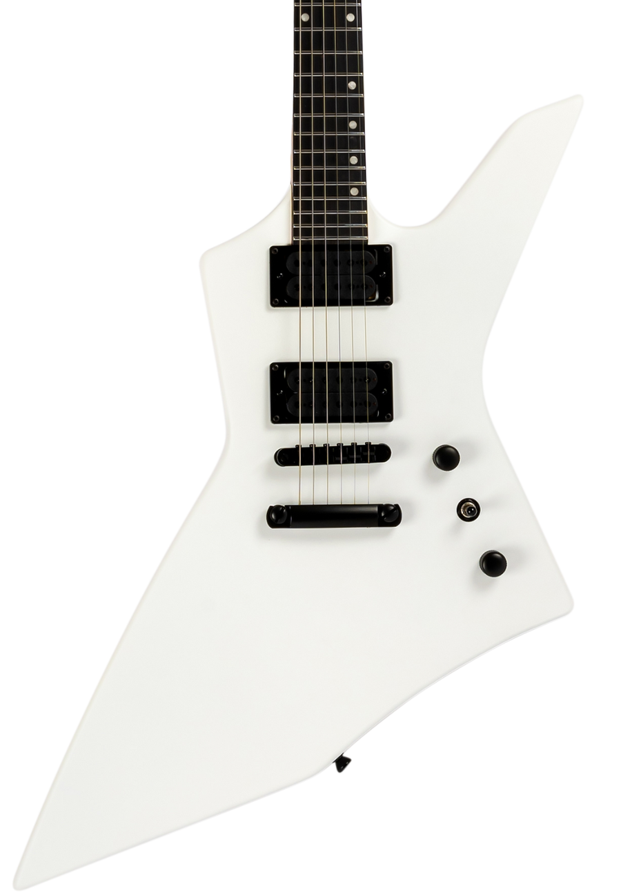 White electric guitar with an angular, asymmetrical body, two black humbucker pickups, three black control knobs, and a black bridge.
