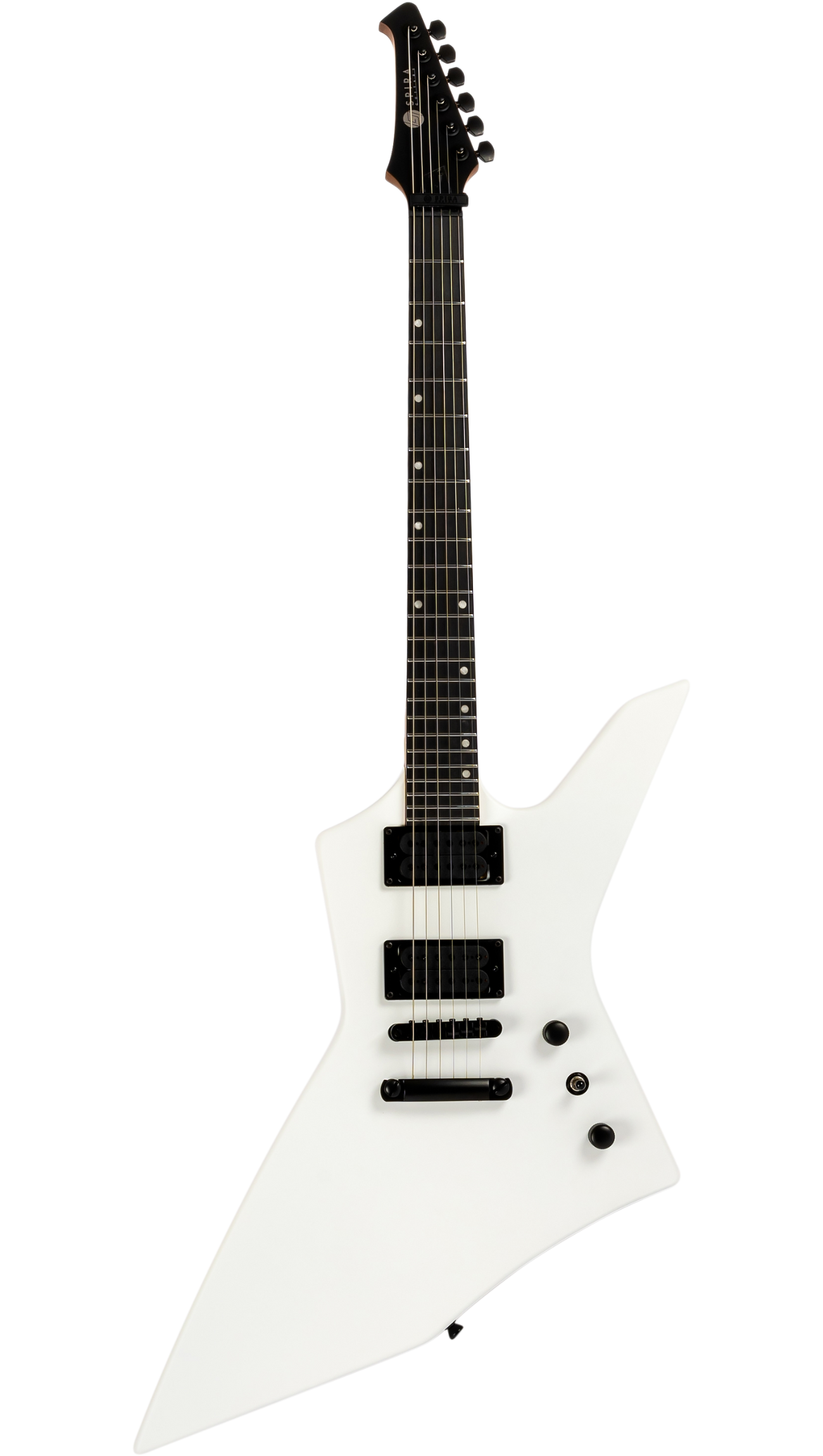 Angular-body white electric guitar with black hardware, two humbucker pickups, three control knobs, and a sharp, modern shape.