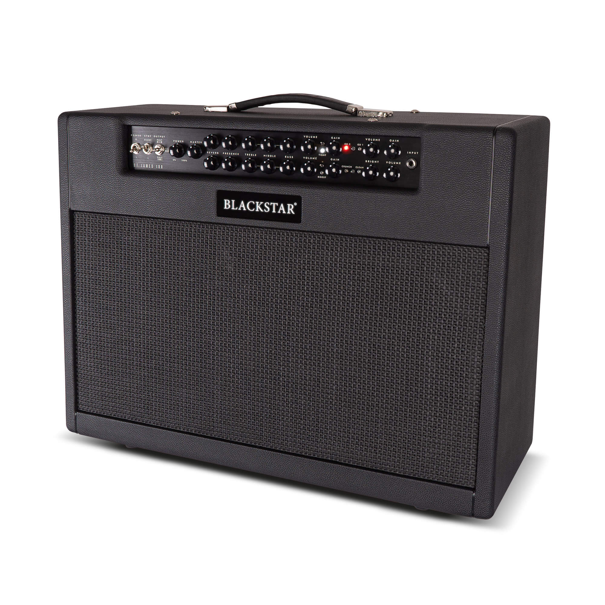 Blackstar amplifier with a black textured exterior, large front speaker grill, top control panel, multiple knobs, switches, and a carrying handle.