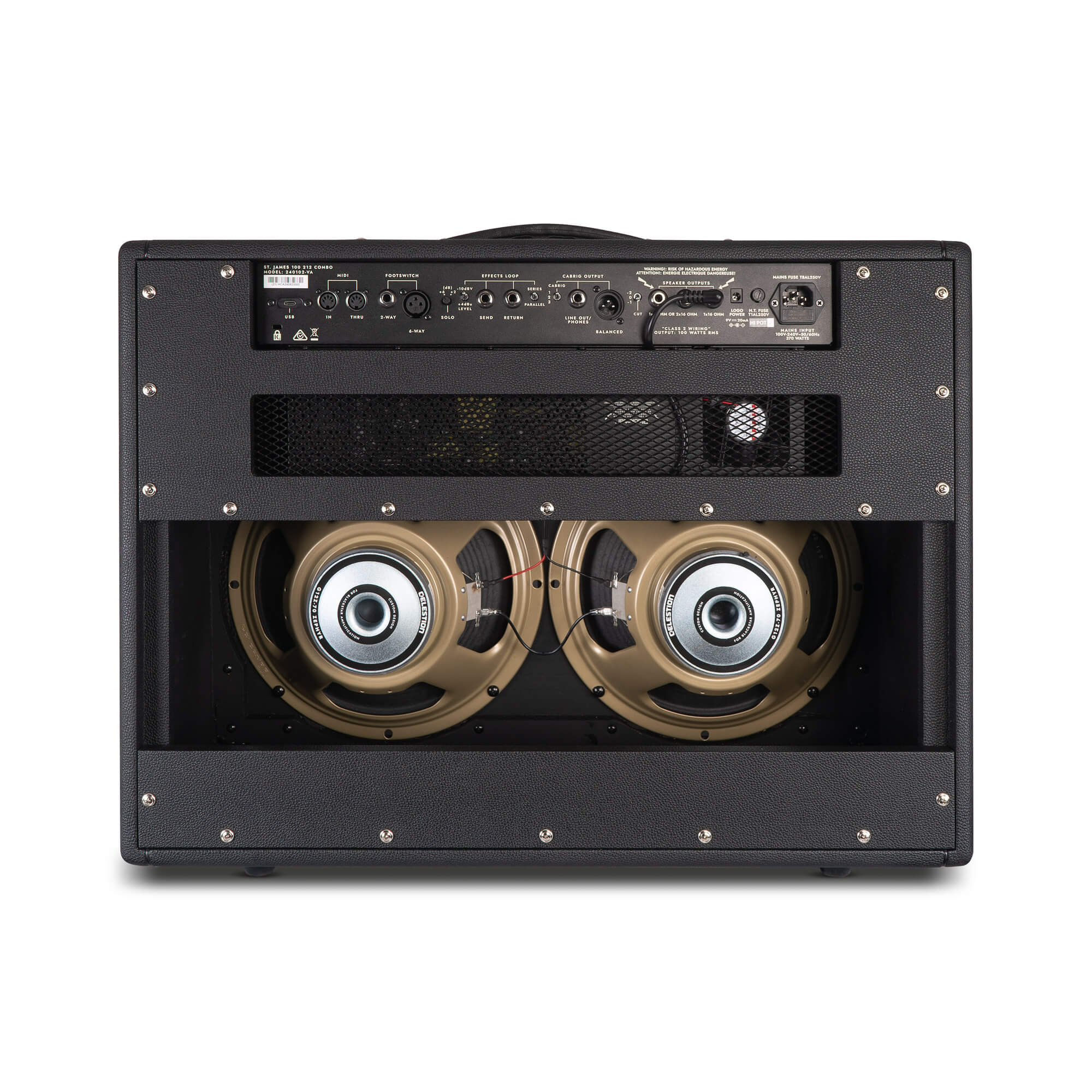 Rear view of an amplifier showing two large round speakers and a control panel with multiple input jacks, knobs, and labeled switches.