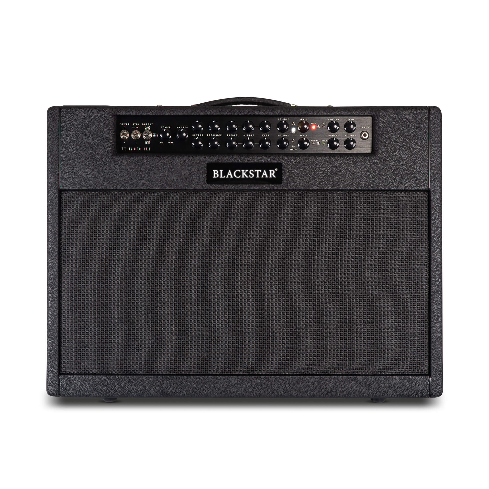 Blackstar amplifier with a large black speaker grille, control knobs and inputs on top, and a handle for carrying.