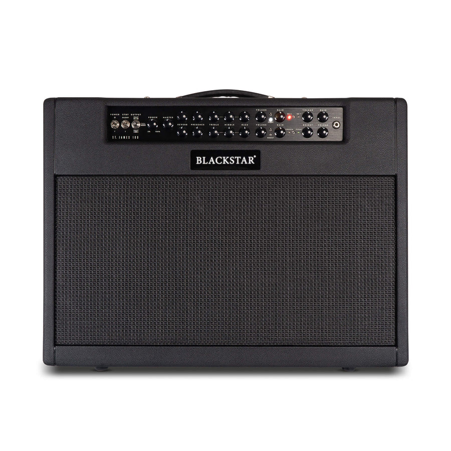 Blackstar amplifier with a large black speaker grille, control knobs and inputs on top, and a handle for carrying.