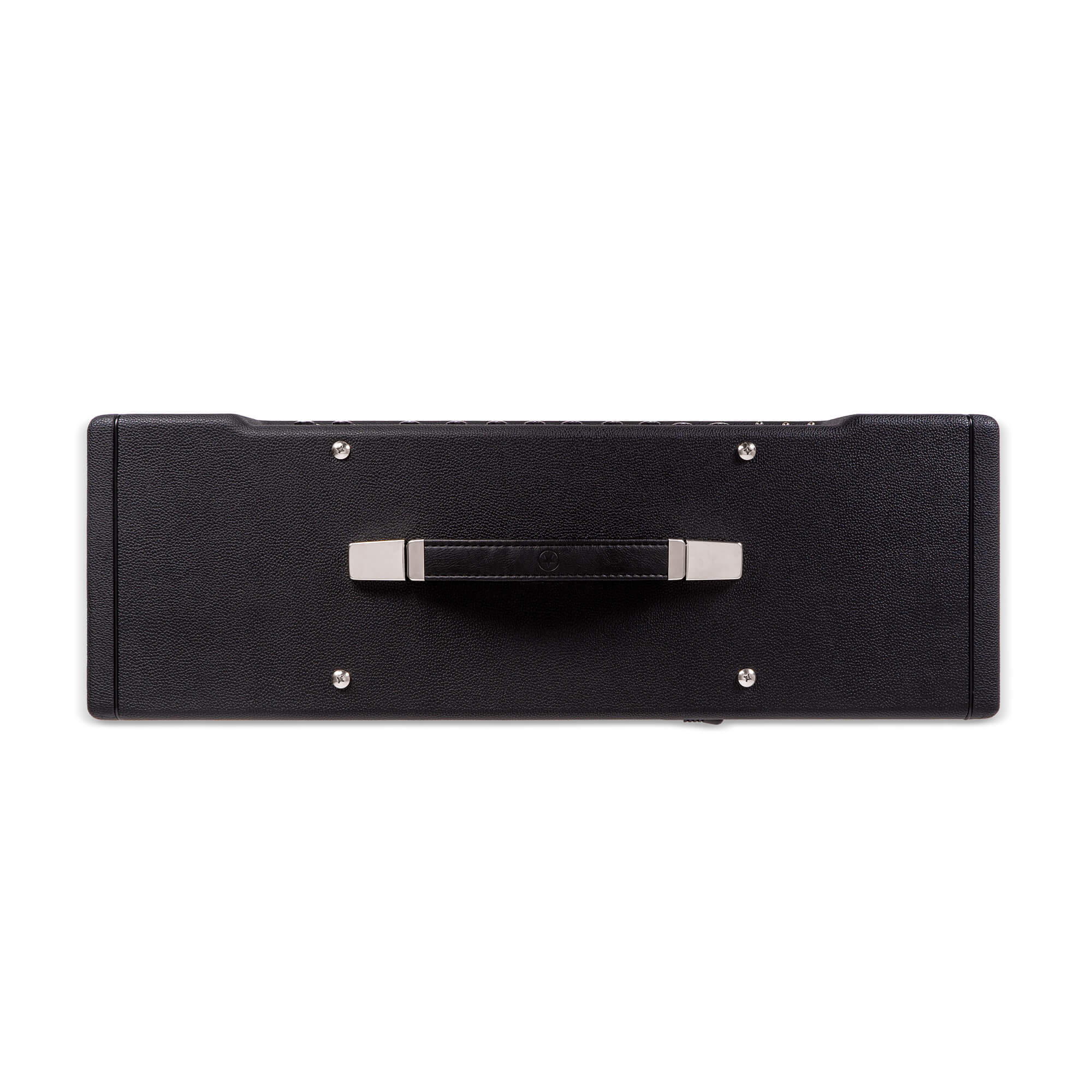 Rectangular black amplifier viewed from the top, featuring a central carrying handle and four visible metal screws.