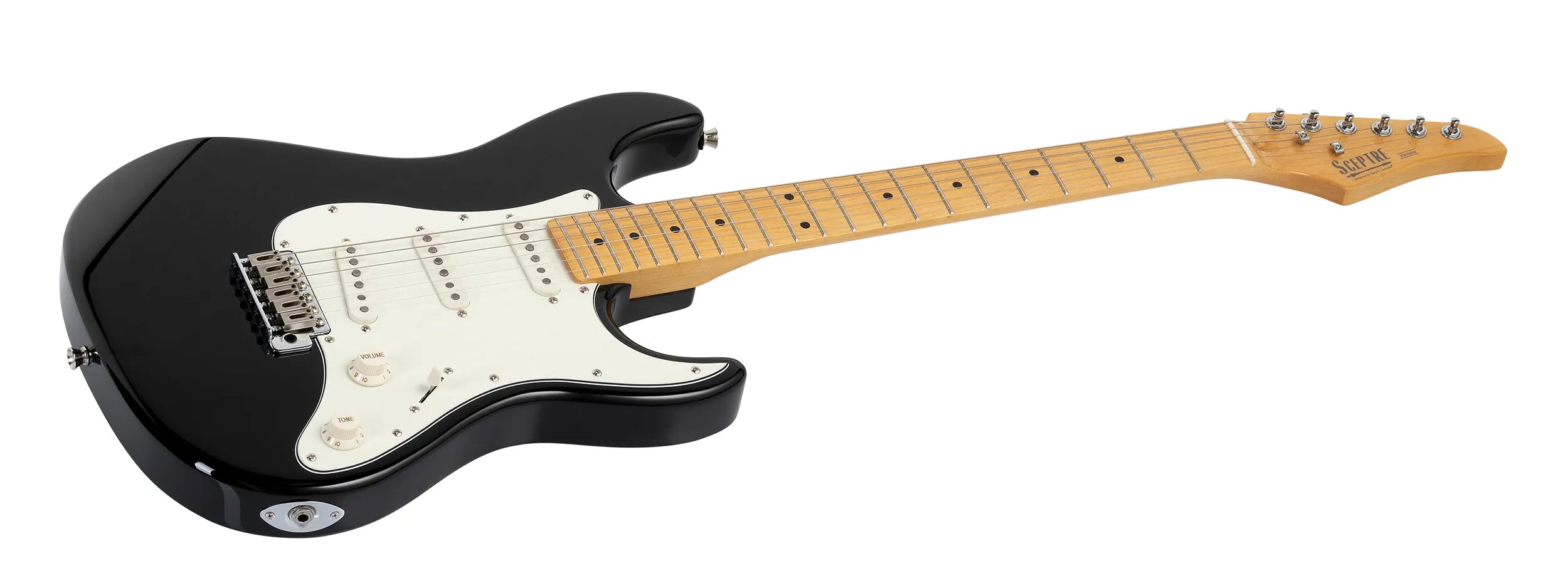 Black electric guitar with a white pickguard, three single-coil pickups, chrome hardware, and a light maple neck with six tuning pegs.