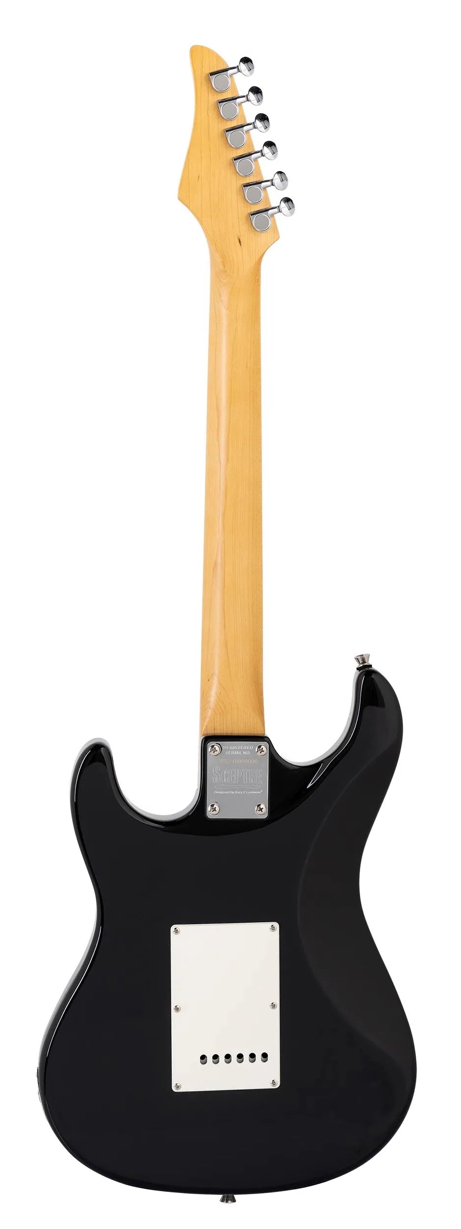 Electric guitar viewed from the back, featuring a black body, a light wood neck, six tuning pegs, and a white rectangular backplate with six holes.