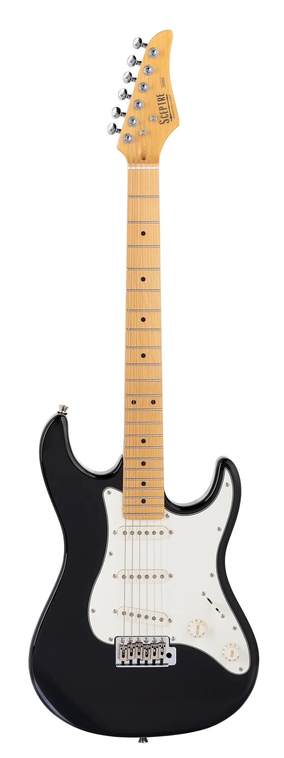 Black electric guitar with white pickguard, maple neck, six strings, three single-coil pickups, chrome hardware, and dot inlays on the fretboard.