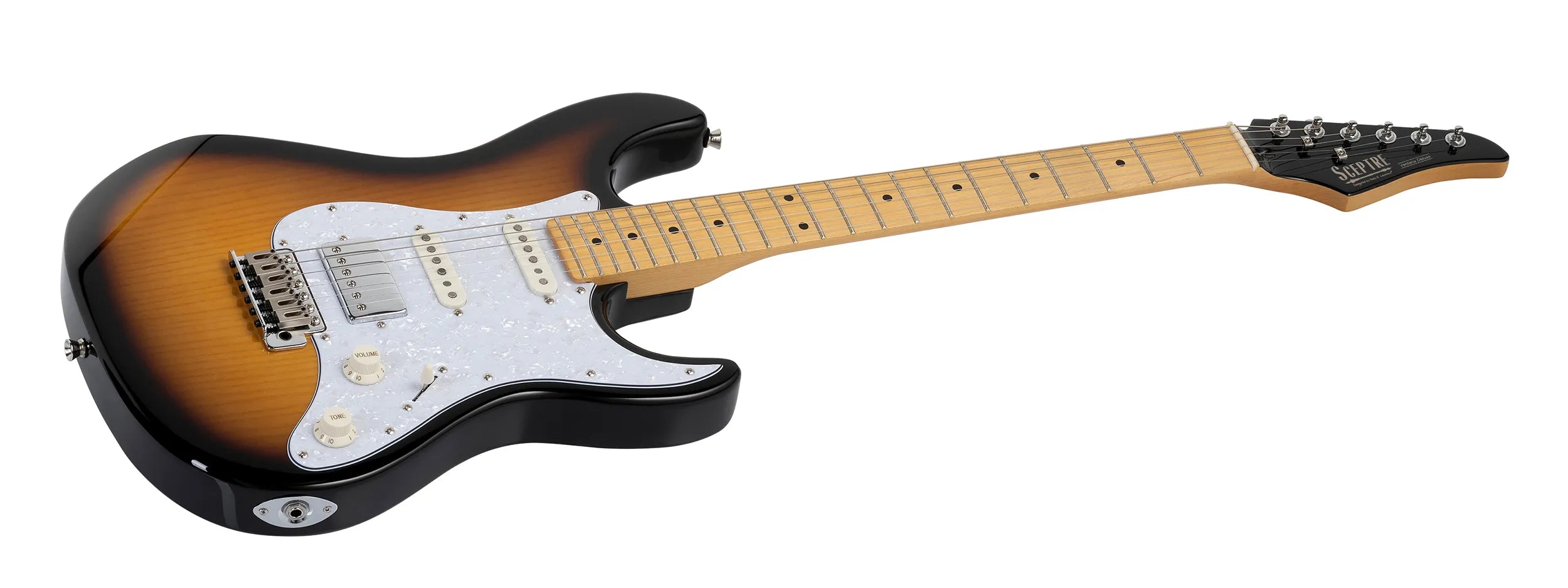 Sunburst electric guitar with a white pearloid pickguard, three single-coil pickups, maple neck, and six tuning pegs on a black headstock.