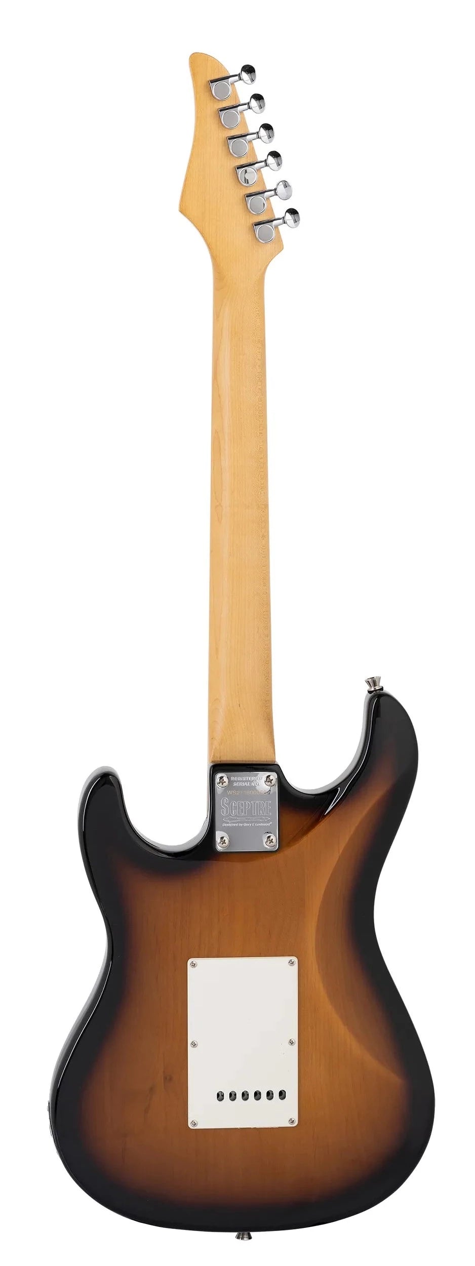 Sunburst electric guitar shown from the back, maple neck, six chrome tuners, and a white rectangular plate on the body for electronics access.