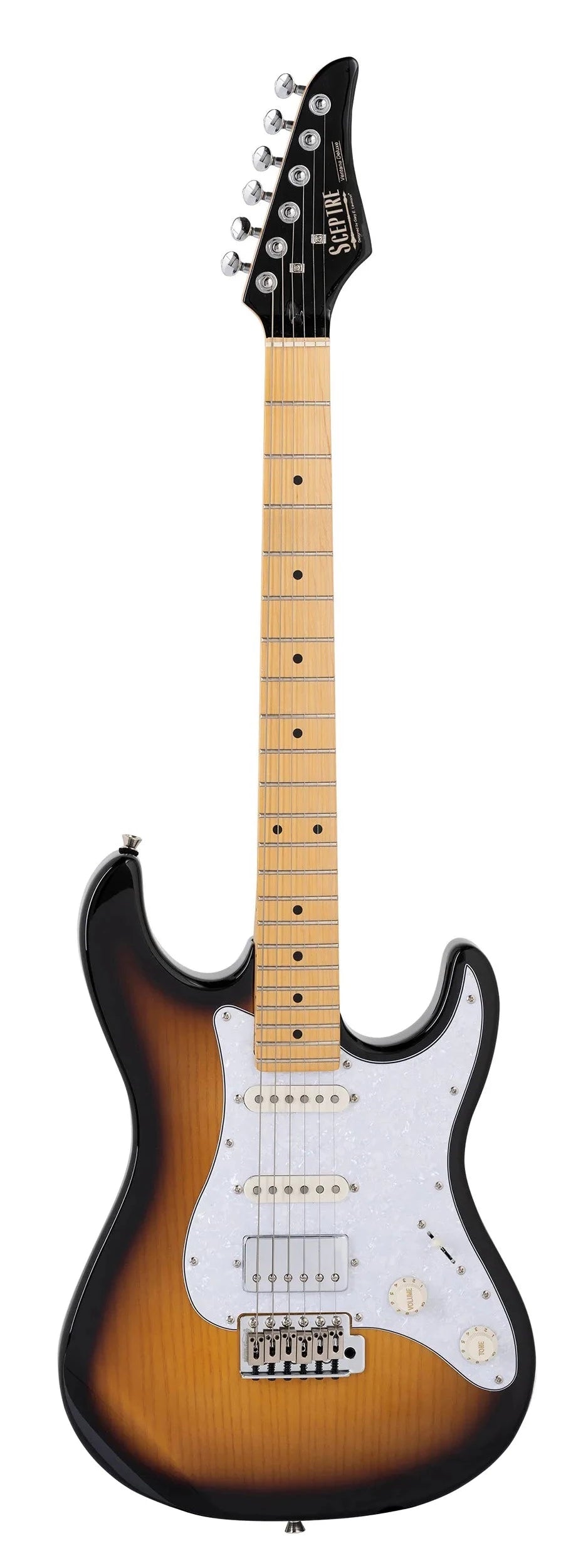 Sunburst electric guitar with a white pickguard, three pickups, maple neck, six tuning pegs, and two control knobs.