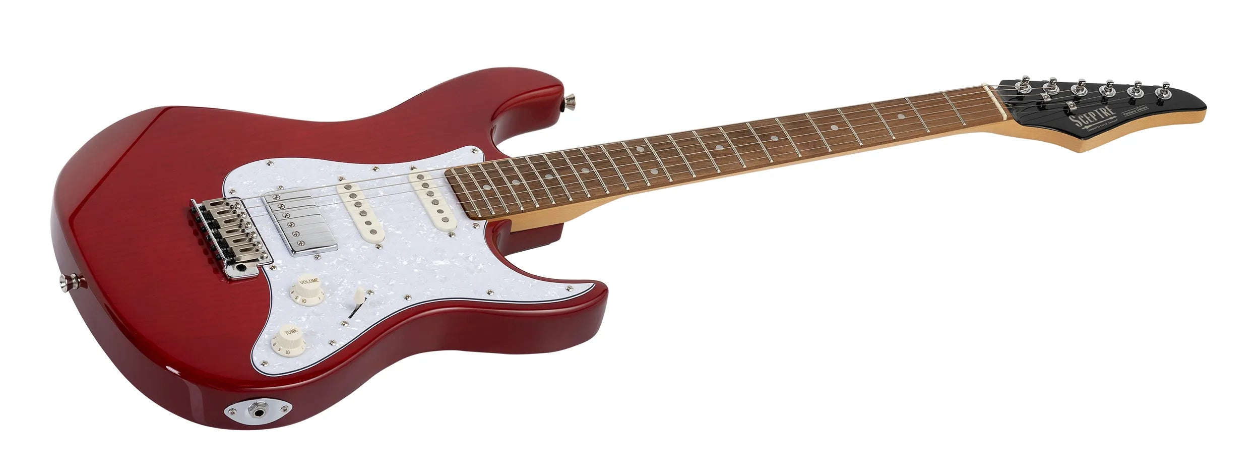 Red electric guitar with a white pickguard, three single-coil pickups, two control knobs, and a maple neck with dot inlays.