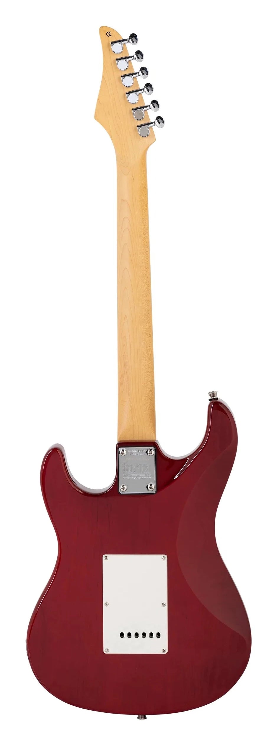 Red electric guitar shown from the back, with a light wood neck, chrome tuners, and a white rectangular plate near the body’s center.