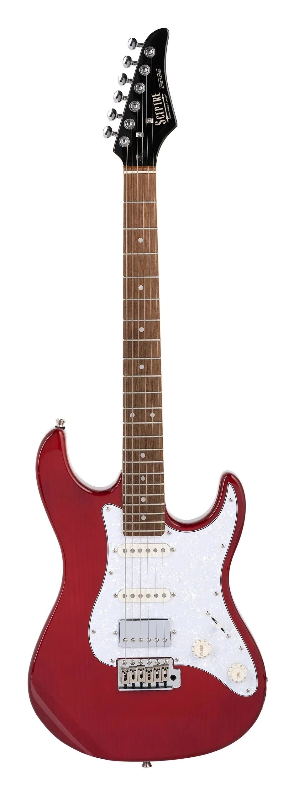 Red electric guitar with a white pickguard, two control knobs, six strings, and a maple neck with dot inlays and six tuning pegs on a black headstock.