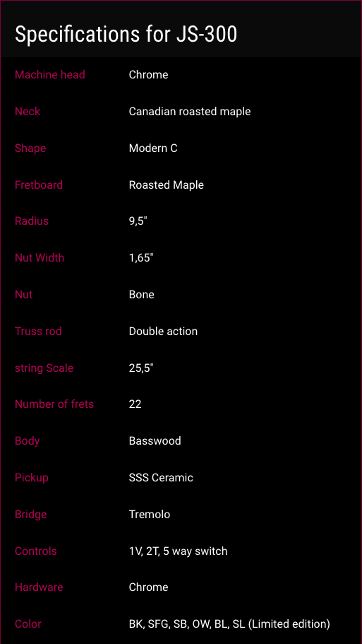 JS-300 electric guitar: roasted maple neck, basswood body, 22 frets, SSS ceramic pickups, tremolo bridge, chrome hardware, multiple color options.