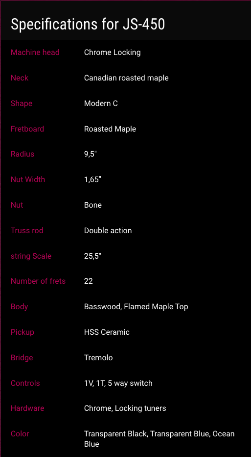 JS-450 electric guitar: roasted maple neck and fretboard, 22 frets, HSS ceramic pickups, tremolo bridge, chrome locking tuners, three color options.
