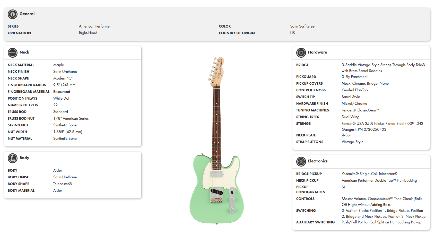 Fender American Performer right-handed electric guitar in satin surf green with a Telecaster-shaped alder body and rosewood fingerboard.