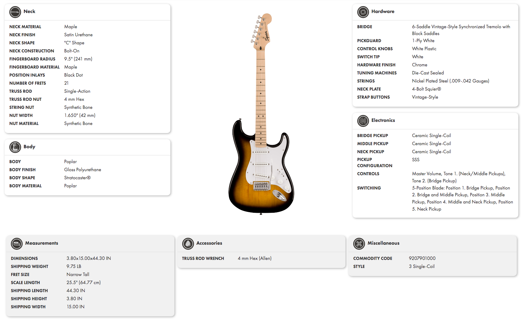 Sunburst Stratocaster electric guitar with a maple neck, 21 frets, white pickguard, three single-coil pickups, and chrome hardware.
