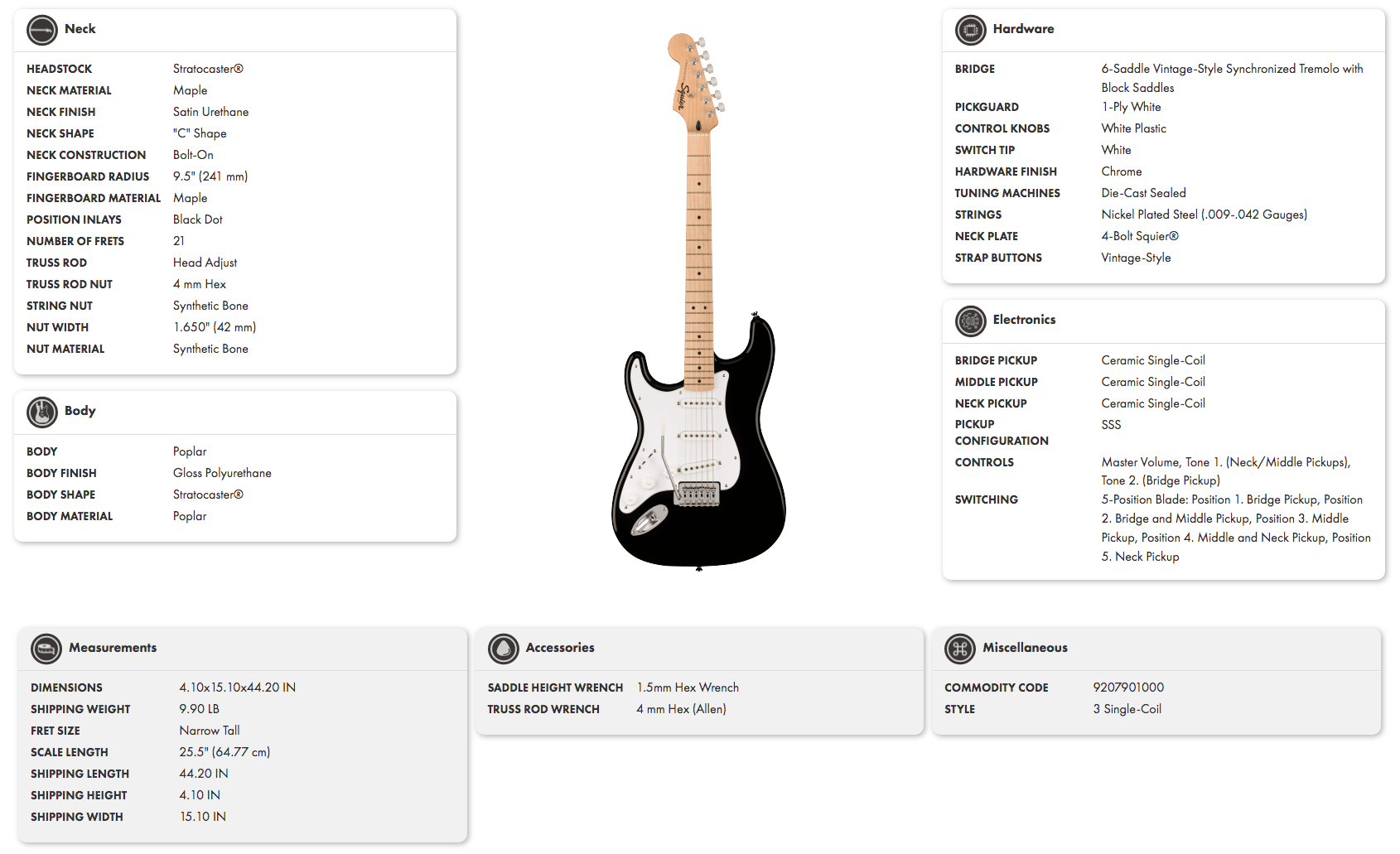 Black Stratocaster electric guitar with a white pickguard, maple neck, three single-coil pickups, and chrome hardware.