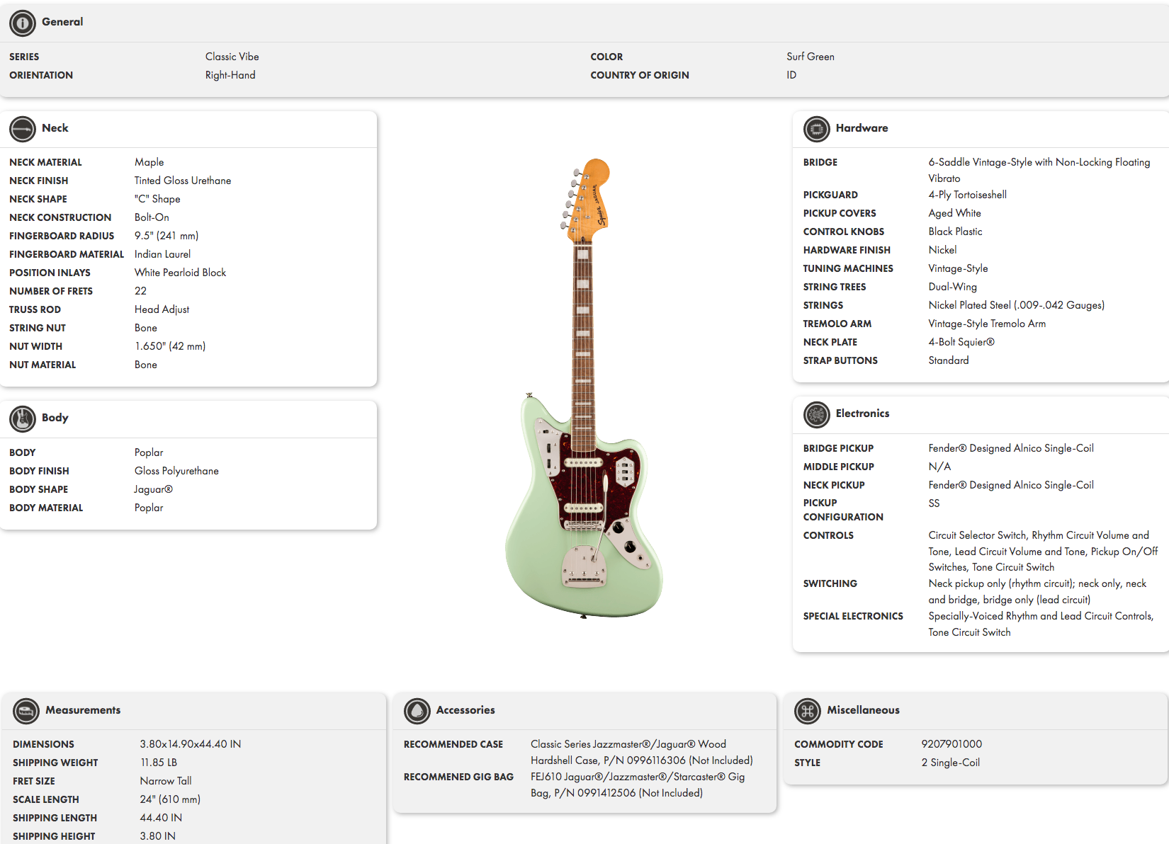 Surf green right-handed electric guitar with a brown pickguard, six tuning pegs, dual single-coil pickups, white control switches, and chrome hardware.