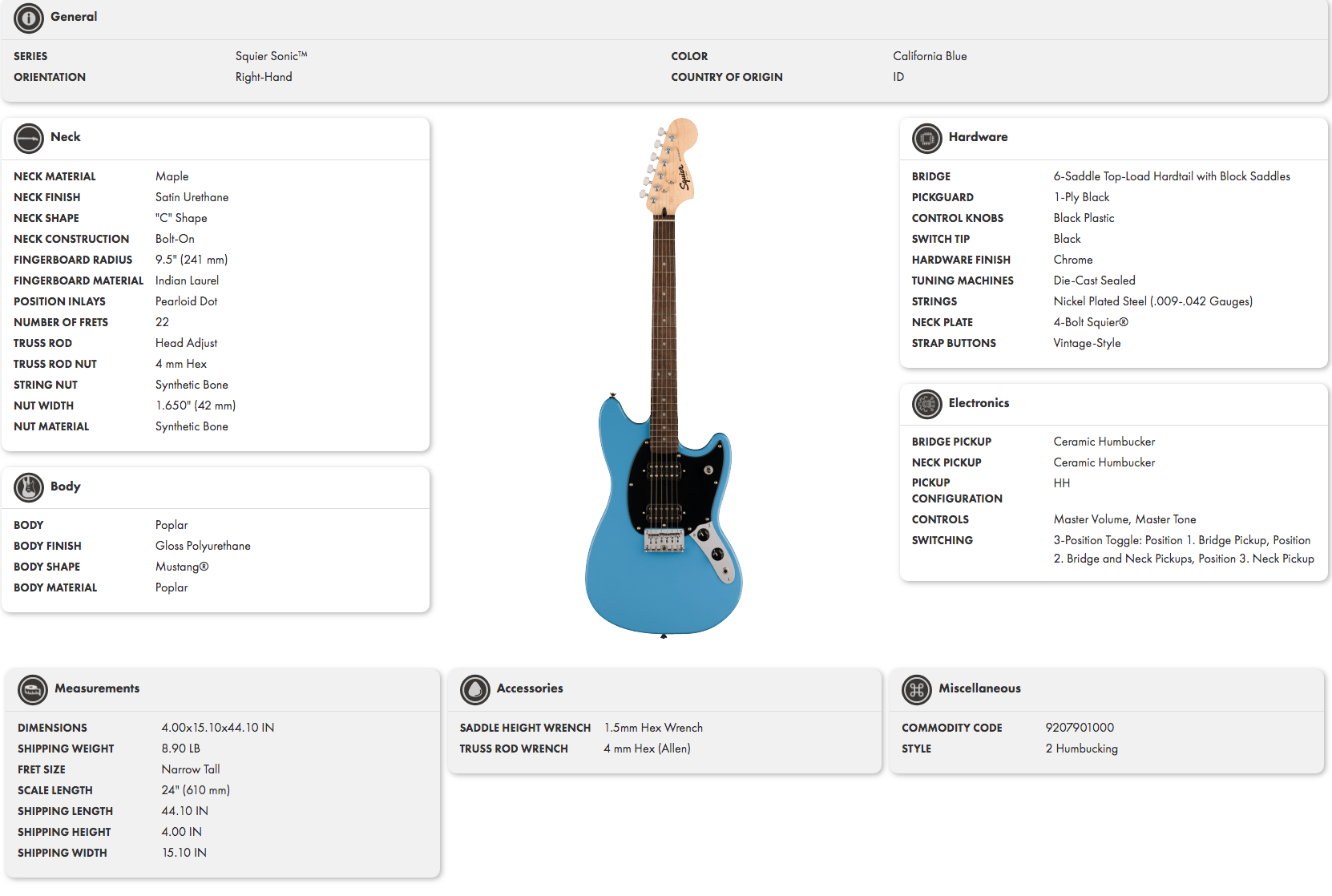 Right-handed Squier Sonic electric guitar in California Blue with a black pickguard, maple neck, Indian laurel fingerboard, and two humbucker pickups.