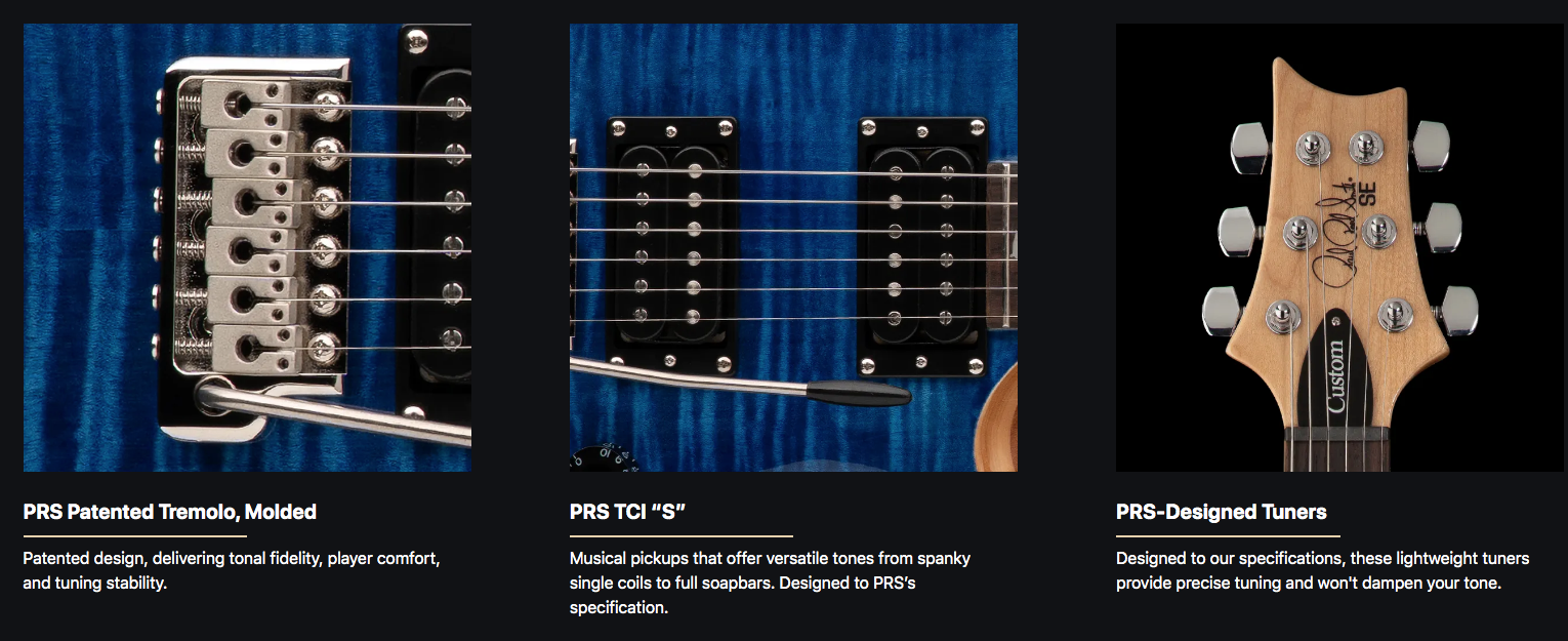 Close-up views of an electric guitar’s metal tremolo bridge, two black humbucker pickups, and a six-tuner maple headstock with a custom signature.