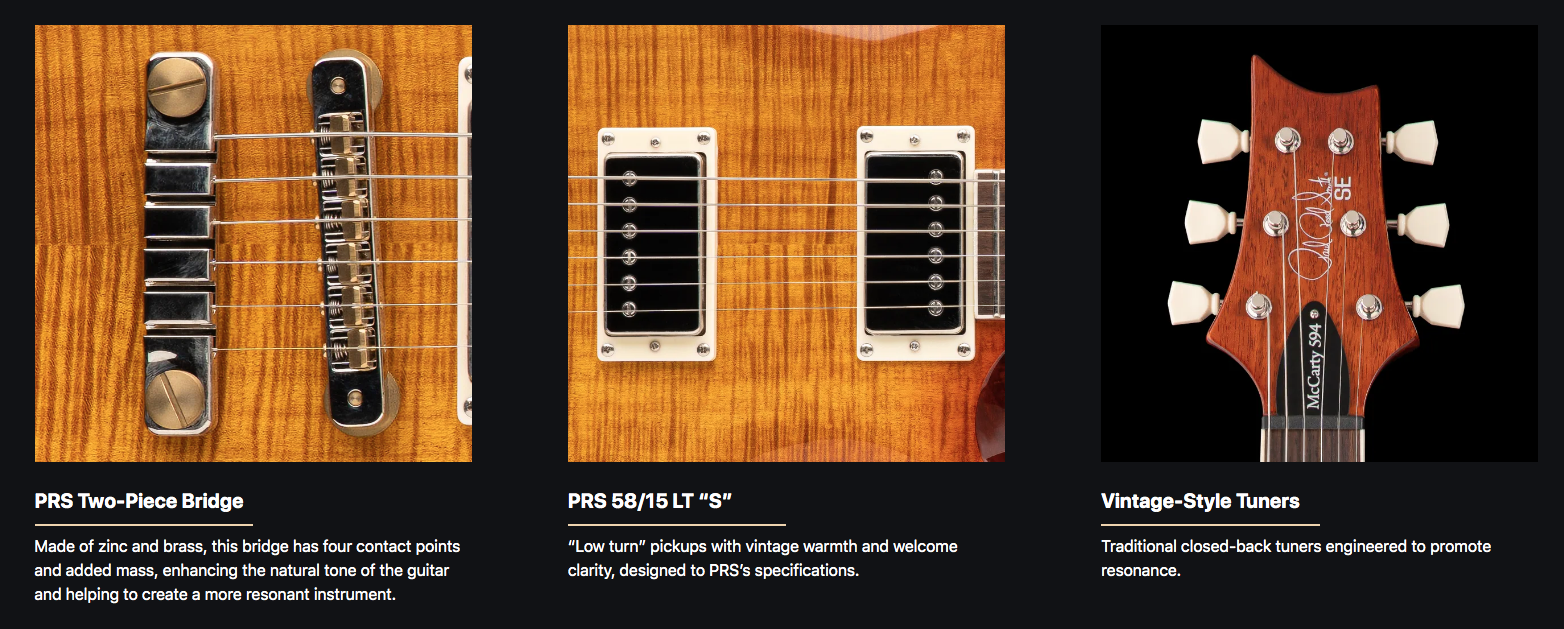 Close-up of electric guitar parts: a metal two-piece bridge, dual black humbucker pickups, and a brown headstock with six white vintage-style tuners.