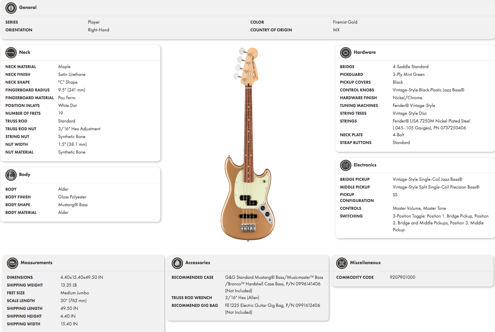 Fender Mustang Bass Guitar in Firemist Gold with a mint green pickguard, chrome hardware, and two black pickups; right-handed model.
