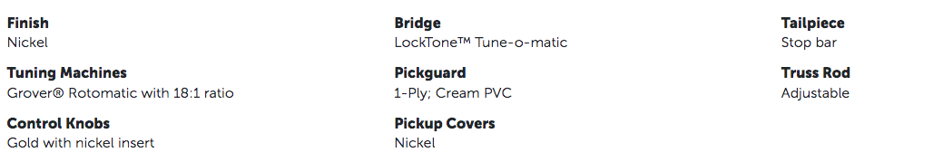 Electric guitar with nickel finish, Grover Rotomatic tuners, gold control knobs, LockTone Tune-o-matic bridge, stop bar tailpiece, cream pickguard.