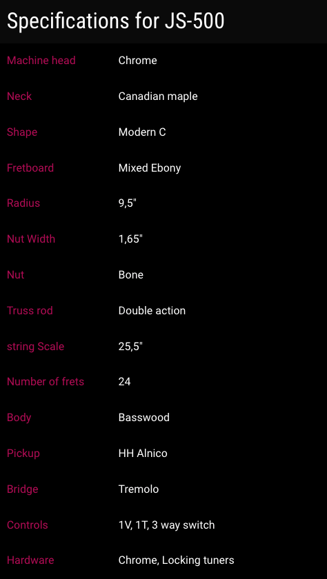 JS-500 electric guitar specs: chrome tuners, Canadian maple neck, mixed ebony fretboard, 24 frets, tremolo bridge, HH Alnico pickups, basswood body.