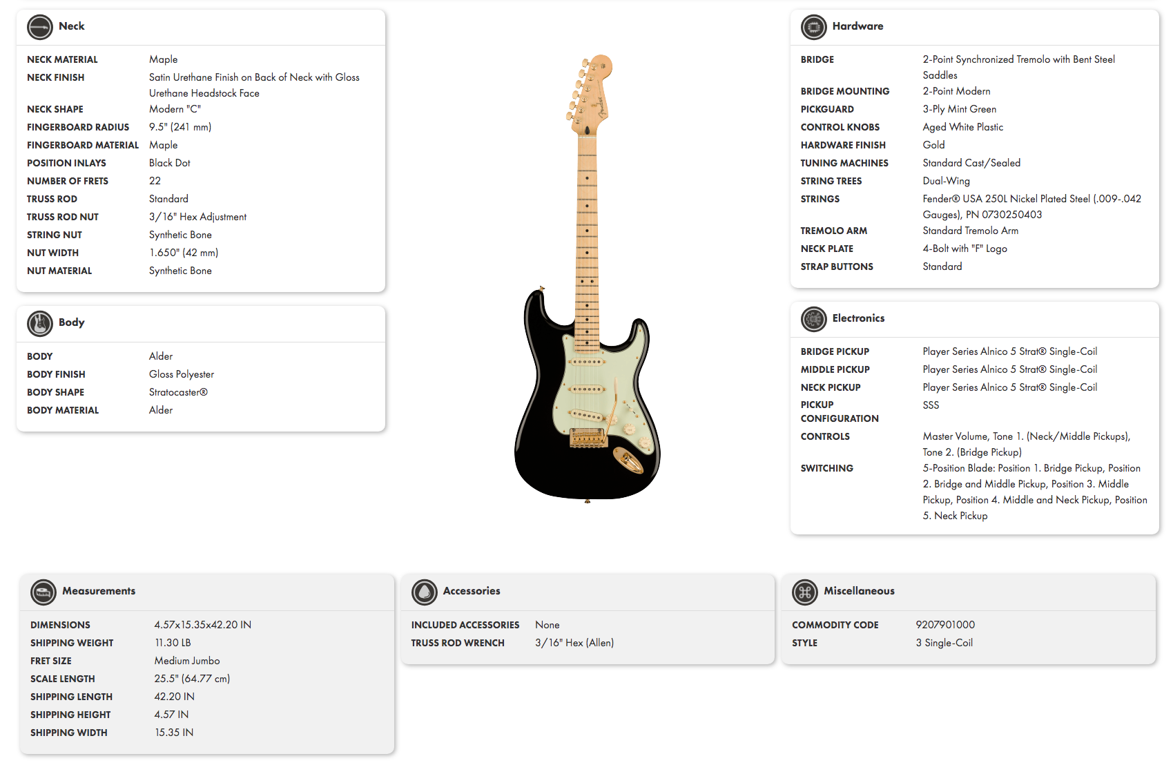 Black Stratocaster-style electric guitar with a maple neck, three single-coil pickups, gold hardware, and a mint green pickguard.