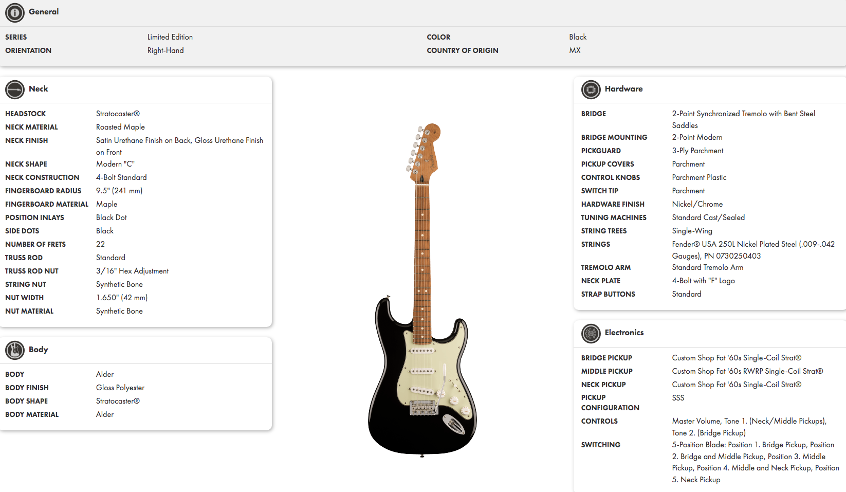 Black right-handed Fender Stratocaster electric guitar with a maple neck, parchment pickguard, and 22 frets; limited edition from Mexico.