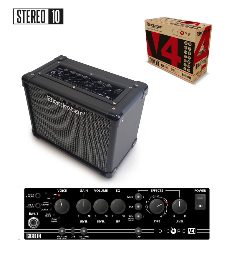 Amplificateur Blackstar noir avec contrôle en façade, grille métallique, bouton d’alimentation, cinq gros boutons et boîte cartonnée incluse en arrière-plan.