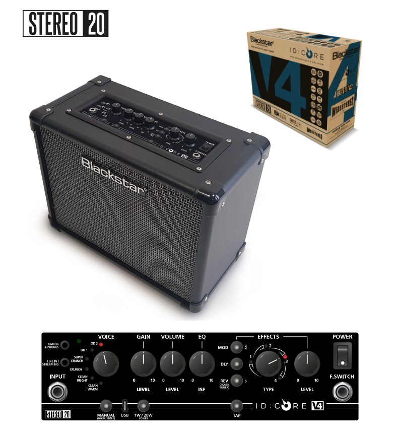 Blackstar ID:CORE V4 Stereo 20 amplifier with top control panel showing knobs for voice, gain, volume, EQ, effects, and a power switch. Box included.