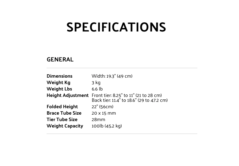 Stand specs: width 19.3in, weight 3kg, height adjusts 8.25–18.6in, folded height 22in, tubes 20x15mm and 28mm, 100lb capacity.