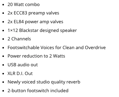 Amplifier with 20W combo, tube preamp and power amp, 1x12 speaker, 2 channels, USB and XLR out, reverb, footswitch, and power reduction to 2W.