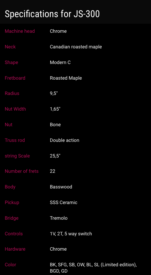 Electric guitar specs: roasted maple neck and fretboard, 22 frets, basswood body, SSS ceramic pickups, tremolo bridge, chrome hardware, multiple colors.