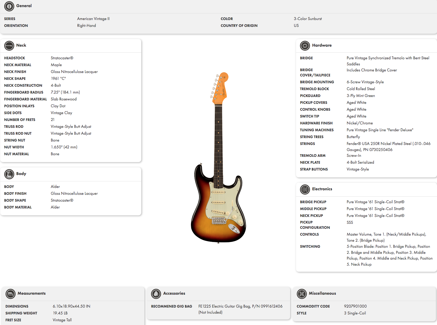 Three-tone sunburst Fender Stratocaster electric guitar with a maple neck, rosewood fretboard, white pickguard, and vintage-style hardware.