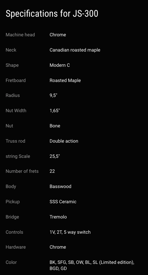 JS-300 electric guitar: roasted maple neck and fretboard, SSS ceramic pickups, 22 frets, tremolo bridge, chrome hardware, basswood body, multiple color options.