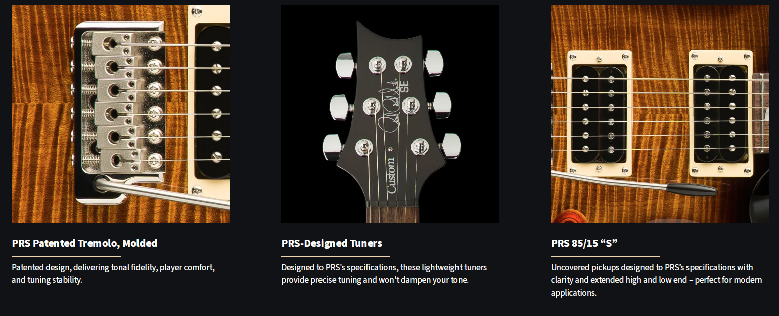 Close-up views of an electric guitar's tremolo bridge, headstock tuners with the PRS SE logo, and two uncovered humbucker pickups on a flamed top.