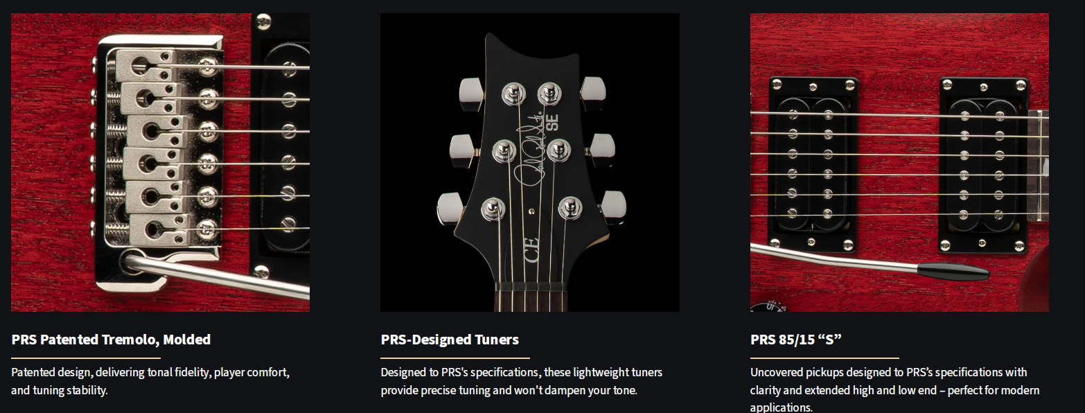 Close-ups of a PRS electric guitar show its metal tremolo bridge, six tuning pegs on the headstock, and two black pickups on a red wood body.