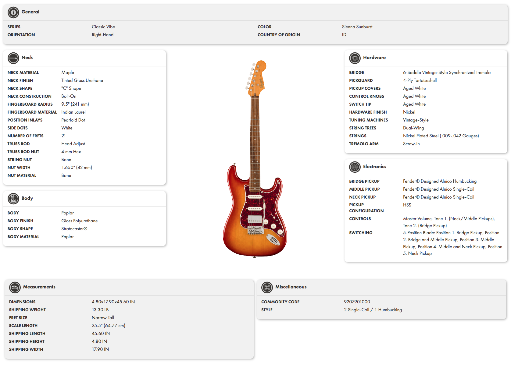Sienna Sunburst right-handed electric guitar, Stratocaster shape, white pickguard, three pickups, maple neck, 21 frets, 6-saddle tremolo.