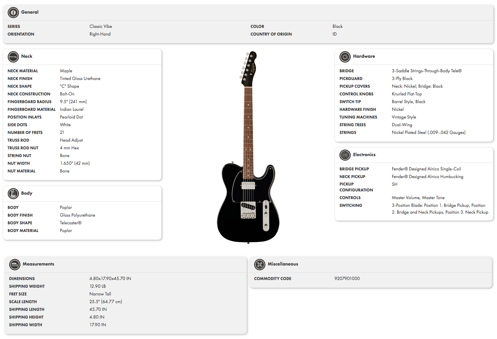 Black Squier Telecaster-style electric guitar with a maple neck, Indian laurel fingerboard, 21 frets, chrome hardware, and single-cutaway body.